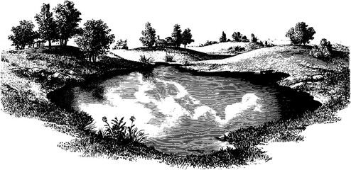 Fototapeta premium Morning reflection in puddle - vintage engraved landscape illustration