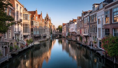 Naklejka premium Canal city at dawn, reflections on water