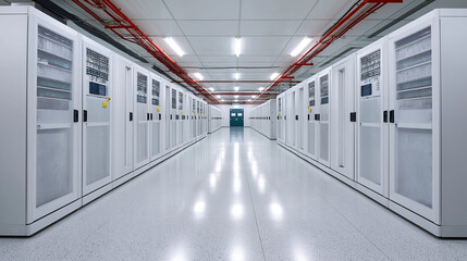 Ultra white hyperscale data center interior with mirrored cabinets