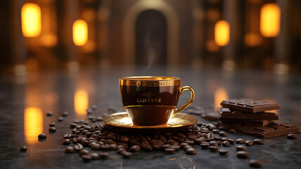 Obraz premium An exquisite cup of coffee in dark, deep golden tones, with notes of dark chocolate and bitterness. Against the backdrop of an Egyptian interior, with coffee beans around
