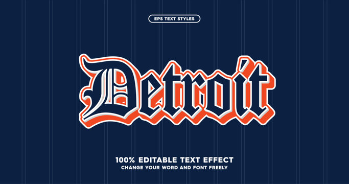 Detroit: a bold gothic text effect with a playful twist. Inspired by baseball graphics and club logos, this editable vector lettering adds energy to sports branding and merch designs.
