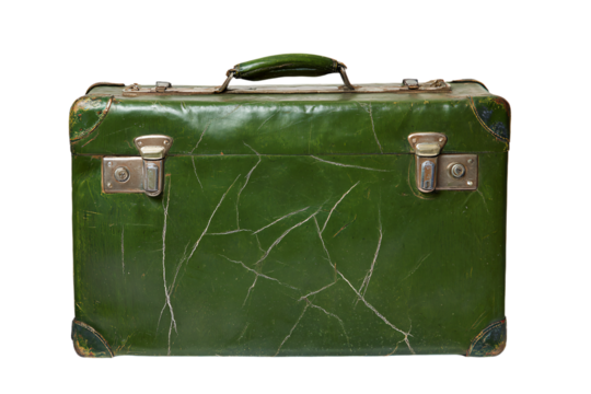 a green suitcase with a handle and a latch