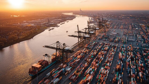 Aerial view of a busy port at sunset. Shipping containers, cranes, and vessels fill the harbor. Cityscape visible in the background
