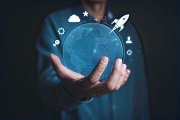 Global Innovation Person Holding a Futuristic Globe with Technology Icons