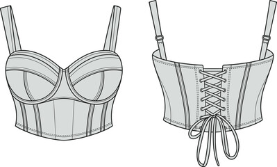 Adjustable strap corset top with back lace-up tie, panel seams and underwire cups, CAD drawing flat vector illustration