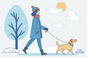 Woman walking dog on a snowy winter day in flat cartoon illustration