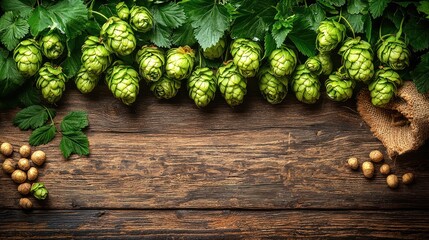 Fresh hop cones on rustic wooden surface