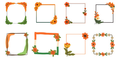 Collection of Floral and Indian Flag Themed Square Frames. Independence day illustration. 