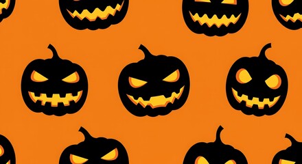 Seamless pattern of spooky black jack-o'-lantern silhouettes with evil glowing faces on an orange background for Halloween