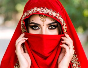 Close-up of a woman in a red hijab