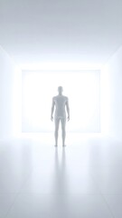 A distorted humanoid looms in a sterile white room, too tall to belong, featureless and shadowless — a glitch in reality wrapped in silence. Minimalist horror meets surreal sci-fi.

