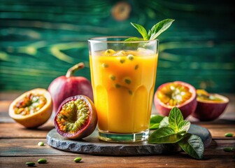 Fototapeta premium Exotic Maracuja Juice in Glass with Submerged Slice and Fresh Fruits Arranged