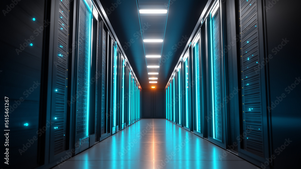 Poster infinite corridor of black server racks with cyan led indicators