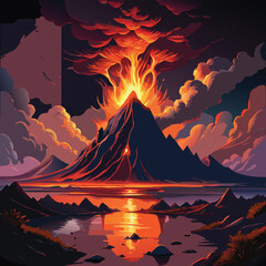 Explosive volcanic eruption with glowing lava flow