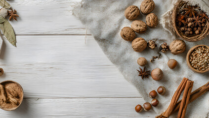 Assorted nuts spices and cinnamon sticks on white wood