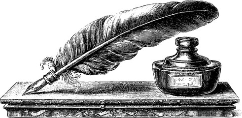 Vintage inkwell and feather quill engraving - retro style for artistic design and writing enthusiasts