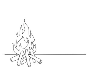 Bonfire outline drawing illustration. one continuous line drawing of campfire.