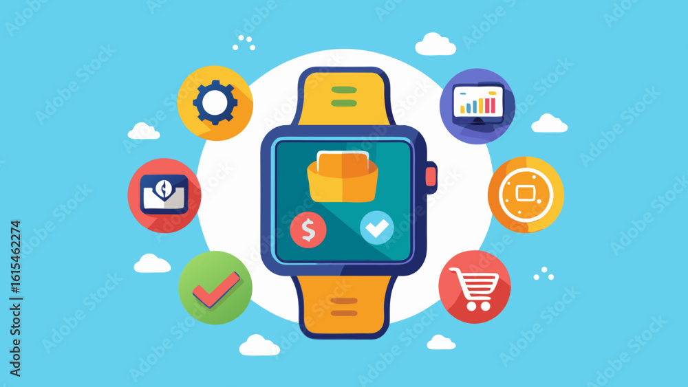 Wall mural smartwatch displaying digital wallet and various application icons on a blue background design style