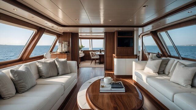 Sal&oacute;n de yate de lujo con sof&aacute;s blancos y vistas panor&aacute;micas al mar