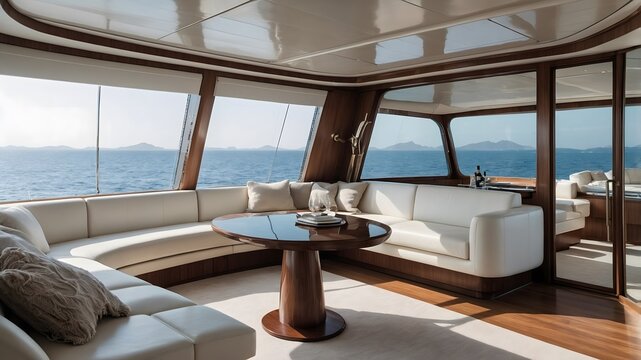 Interior de yate de lujo con sof&aacute;s curvos y vistas al mar