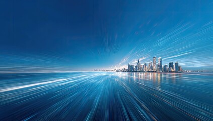 Fototapeta premium Panoramic cityscape, vibrant blue sky, motion blur