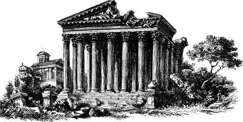 Obraz premium Historic temple ruins with broken pediment - vintage engraved illustration for design