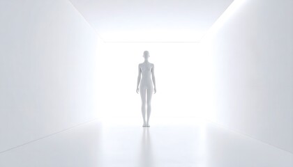 Obraz premium A distorted humanoid looms in a sterile white room, too tall to belong, featureless and shadowless — a glitch in reality wrapped in silence. Minimalist horror meets surreal sci-fi.