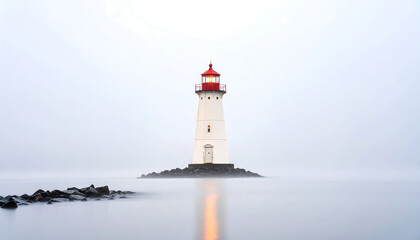Minimalist a distant lighthouse against a misty sky
