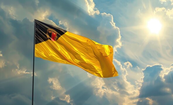 The flag of Brazil, yellow white and red with an emblem on it, flying in the sky, in the style of hyper realistic, photo-realistic, professional photography - Powered by Adobe