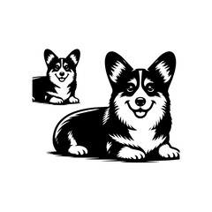 Two cute corgis, one sitting and one lying down