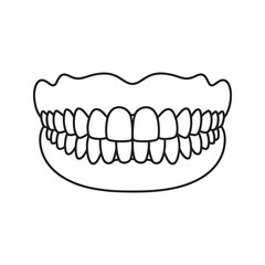 Denture icon with full set of artificial teeth representing dental prosthesis oral hygiene and orthodontic smile restoration line vector stroke