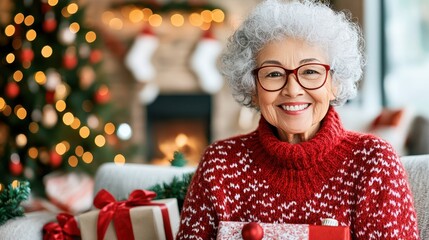 Joyful Celebration: A heartwarming portrait captures a senior woman, radiating warmth and merriment amidst the backdrop of festive season.
