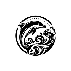Naklejka premium Stylized dolphin leaping through waves in a circular design