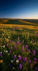 Obraz premium Rolling hills and wildflowers under clear blue sky