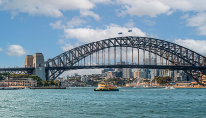 The Sydney Harbor Bridge is a heritage-listed steel through arch bridge,  nicknamed The Coathanger because of its arch-based design and carries rail, vehicular, bicycle and pedestrian. Australia, 2019