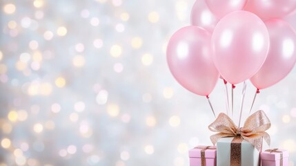 Celebratory Balloons and Gift Box: A charming arrangement of soft pink balloons floats gracefully above a beautifully wrapped gift, creating a festive and celebratory atmosphere perfect for birthdays.
