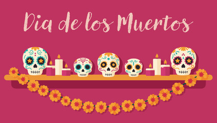 Fototapeta premium Festive Day of the Dead Shelf with Sugar Skulls