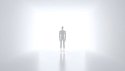 Fototapeta premium A distorted humanoid looms in a sterile white room, too tall to belong, featureless and shadowless — a glitch in reality wrapped in silence. Minimalist horror meets surreal sci-fi.