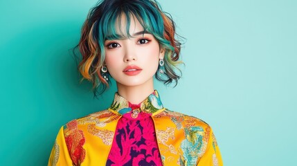 Vibrant Elegance: A stylish individual with colorful hair radiates confidence and individuality, poised against a teal backdrop and vibrant clothing, portrait photography