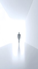 Fototapeta premium A distorted humanoid looms in a sterile white room, too tall to belong, featureless and shadowless — a glitch in reality wrapped in silence. Minimalist horror meets surreal sci-fi.