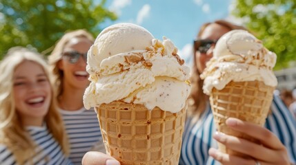 Sweet Moments and Shared Joy: A delightful close-up captures a trio of happy women reveling in the simple pleasure of creamy ice cream cones, embodying joy and camaraderie in the sunlit outdoors.