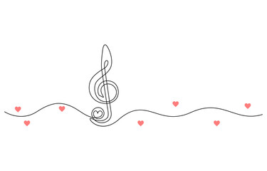 Simple continuous line drawing of a treble clef, symbolizing music, Continuous editable line drawing of treble clef. One line drawing of treble clef icon,