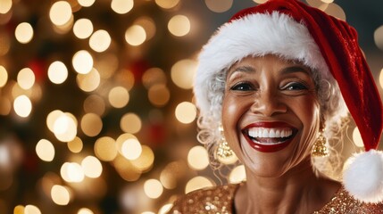 Joyful Holiday Cheer: A radiant senior lady donned in a festive Santa hat, her face lit up with genuine happiness and a captivating smile set against a backdrop of shimmering, warm Christmas lights. 