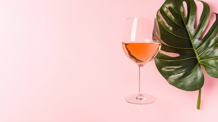 pink background with a minimalistic monstera leaf and a glass of rosé wine, with space for text. 