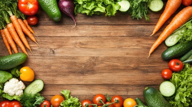 Fresh Vegetables Frame: A vibrant assortment of colorful vegetables frames a rustic wooden surface, inviting the viewer to explore the wholesome goodness of nature's bounty. - Powered by Adobe