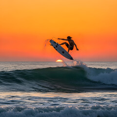 An athletic surfer executes a dramatic aerial jump above an ocean wave against a vibrant sunset.