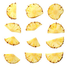 Naklejka premium Falling Pineapple Slices Isolated on White Background