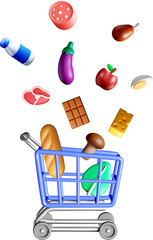 Colorful 3D Grocery Items in Shopping Cart