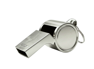 Shiny metal sports referee whistle isolated on transparent background