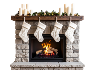  Vintage Christmas Fireplace with Tall Candles and Old-Fashioned Stockings, Front View, Transparent Background